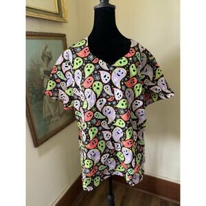 Zoe + Chloe Halloween Ghost Scrub Top XL Black Colorful Print